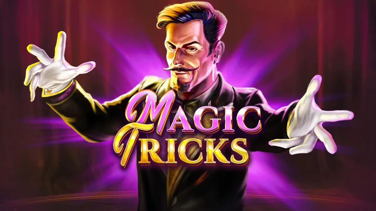 A magician in a black suit and white gloves spreads his hands under a purple spotlight, above the Magic Tricks logo