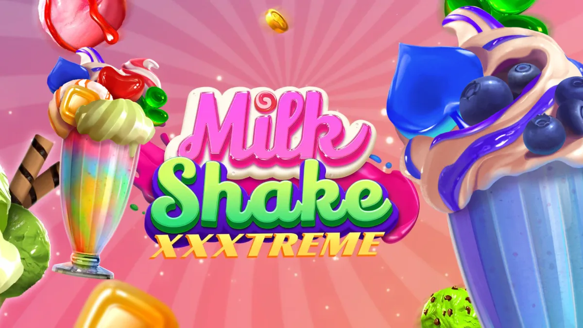 Tall milkshake glasses piled with ice cream, sweets and blueberries on a pink background, around the Milkshake XXXtreme logo